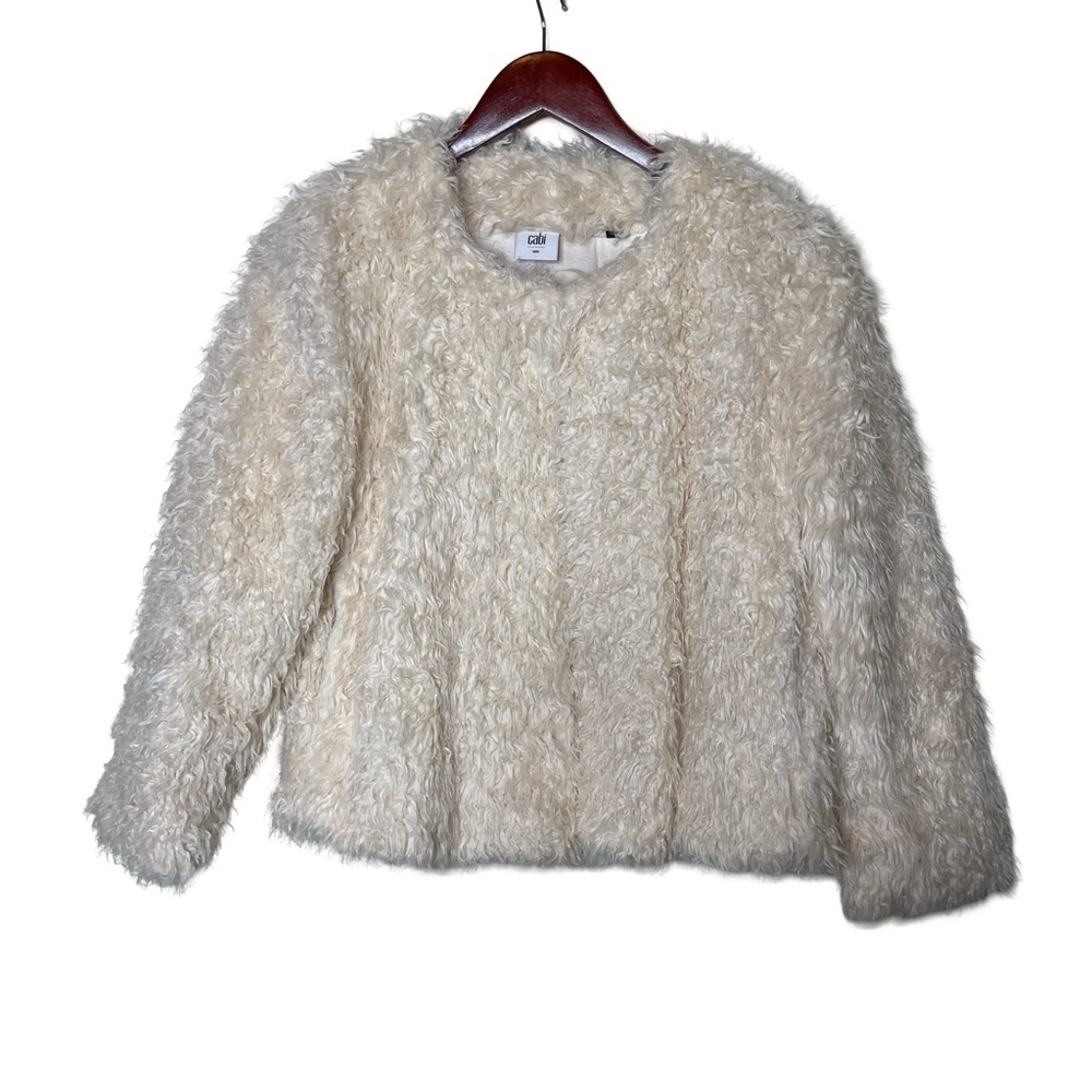 Cabi Womens Teddy Jacket Faux Fur Coat Lined Shaggy Cropped Cream Size Small S
